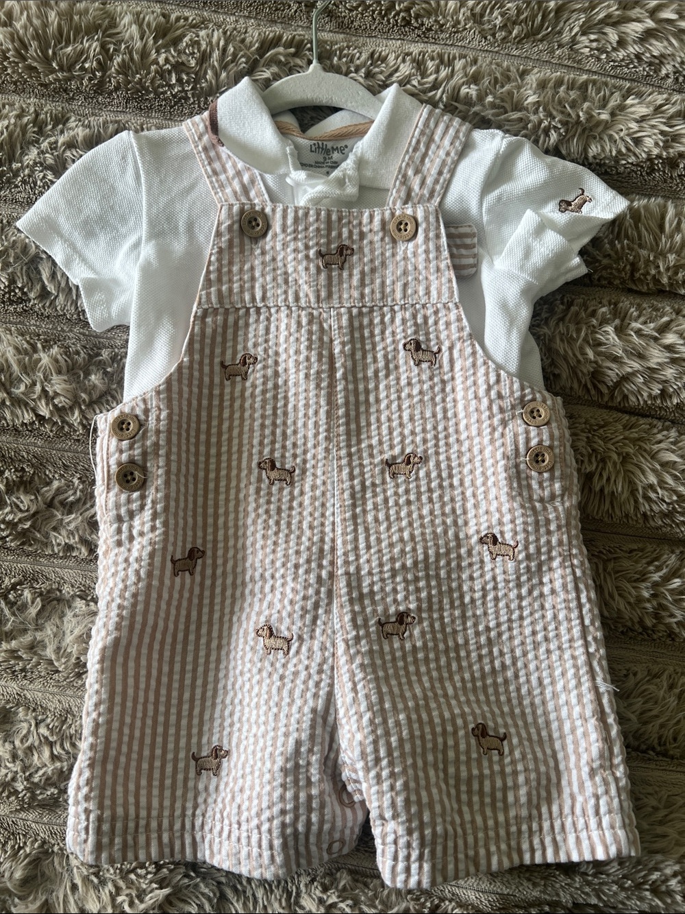 Little Me Cream & Pink Striped Puppy Embroidered Overalls Set - NWOT